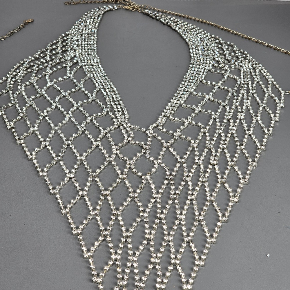 Crystal Rhinestone Bib Statement Necklace Mesh Net Collar Draped Bridal Wedding